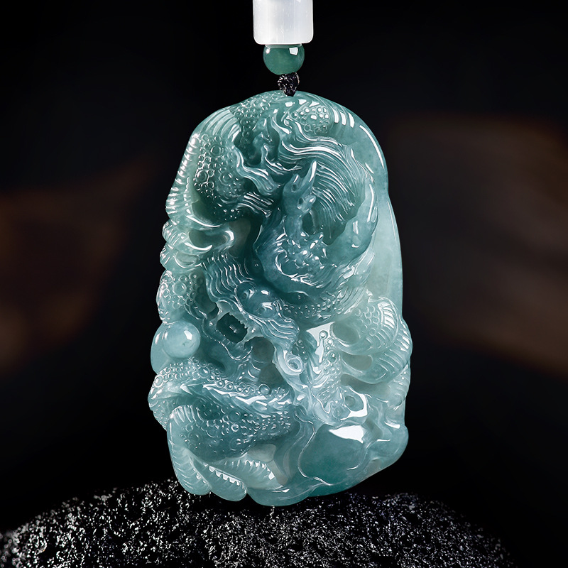 Women Accessories To Gift - Doğal Birmanya Jadeite Ejderha Kolye Kolye