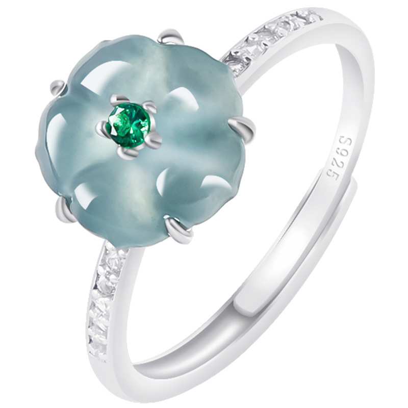 Women Accessories To Gift - Mavi Burma Yeşim Taşı Çiçek Yüzükler