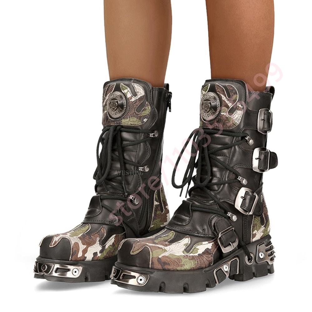 Women'S Accessories Trends 2025 - Punk Rock Kamuflaj Tokalı Motosiklet Botları
